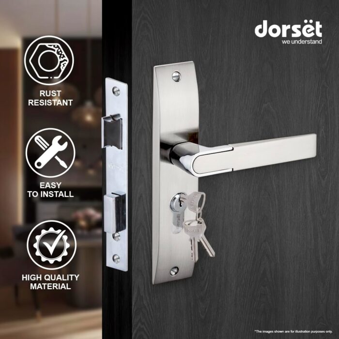 Dorset Zovi Door Handle on Plate 8" | Both Side Key Lock | 60mm Cylinder | Mortise Lockset for Home, Office, and Hotels, Silver - Image 2