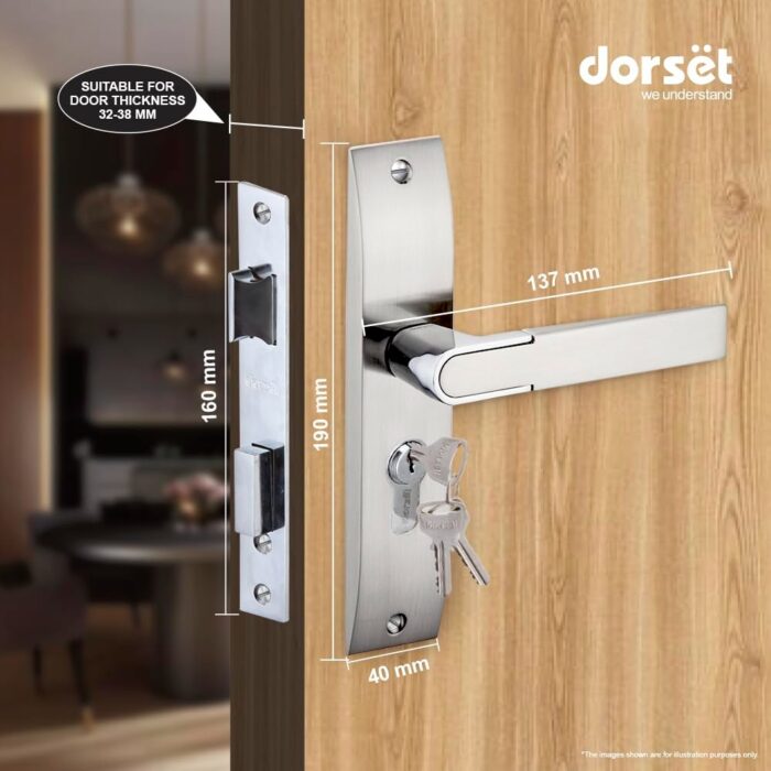 Dorset Zovi Door Handle on Plate 8" | Both Side Key Lock | 60mm Cylinder | Mortise Lockset for Home, Office, and Hotels, Silver - Image 4