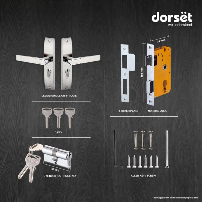 Dorset Zovi Door Handle on Plate 8" | Both Side Key Lock | 60mm Cylinder | Mortise Lockset for Home, Office, and Hotels, Silver - Image 3